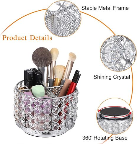 Hipiwe Crystal Vanity Organizer Makeup Brush Holder- 360 Rotating Cosmetic Brushes Display Organizers Spinning Remote Control Holder Bathroom Storage Organizer for Eyebrow Pen Pencil,Silver 4-Slot in Saudi Arabia