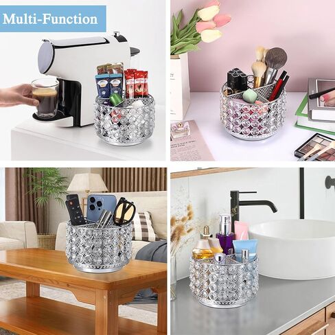 Hipiwe Crystal Vanity Organizer Makeup Brush Holder- 360 Rotating Cosmetic Brushes Display Organizers Spinning Remote Control Holder Bathroom Storage Organizer for Eyebrow Pen Pencil,Silver 4-Slot in Saudi Arabia