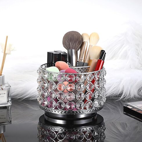 Hipiwe Crystal Vanity Organizer Makeup Brush Holder- 360 Rotating Cosmetic Brushes Display Organizers Spinning Remote Control Holder Bathroom Storage Organizer for Eyebrow Pen Pencil,Silver 4-Slot in Saudi Arabia