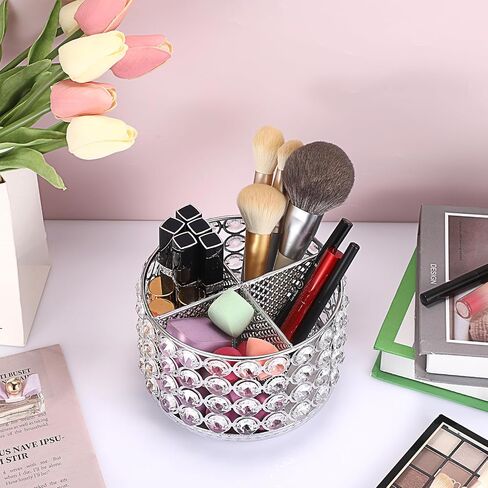 Hipiwe Crystal Vanity Organizer Makeup Brush Holder- 360 Rotating Cosmetic Brushes Display Organizers Spinning Remote Control Holder Bathroom Storage Organizer for Eyebrow Pen Pencil,Silver 4-Slot in Saudi Arabia