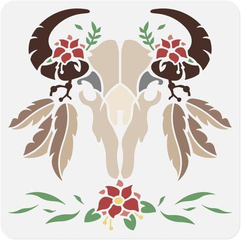 Feathered Cow Skull Craft Stencil for Drawing 11.8 x 11.8 Inch Reusable Plastic Bull Skull Stencil for Painting on Wood Wall Fabric, DIY Home Decor Stencil in Kuwait
