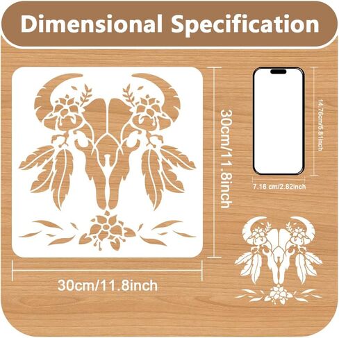 Feathered Cow Skull Craft Stencil for Drawing 11.8 x 11.8 Inch Reusable Plastic Bull Skull Stencil for Painting on Wood Wall Fabric, DIY Home Decor Stencil in Kuwait