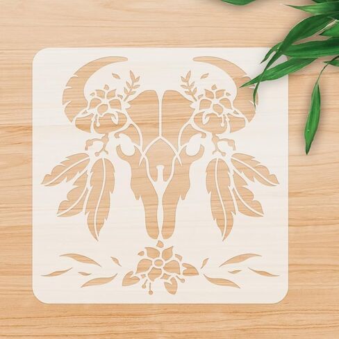 Feathered Cow Skull Craft Stencil for Drawing 11.8 x 11.8 Inch Reusable Plastic Bull Skull Stencil for Painting on Wood Wall Fabric, DIY Home Decor Stencil in Kuwait