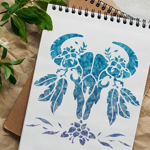 Feathered Cow Skull Craft Stencil for Drawing 11.8 x 11.8 Inch Reusable Plastic Bull Skull Stencil for Painting on Wood Wall Fabric, DIY Home Decor Stencil in Kuwait