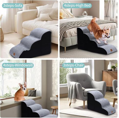 OYX 4-Tiers Pet Stairs for Small Dogs, Dog Stairs Ramp for Beds Couches, Non-Slip Pet Stairs, Dog Stairs & Steps with Side Design Pockets, Dog Slope Stairs for Small Dogs, Cats and Pets Friendly Grey in Saudi Arabia
