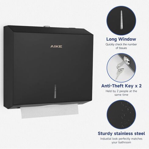 AIKE 200 ورقة متعددة الطيات من الفولاذ المقاوم للصدأ التجاري على الحائط، موزع مناشف ورقية مع قفل، سعة كبيرة مصقولة (حجم مطوي 10.6 بوصة × 3.9 بوصة أو أصغر) in Kuwait