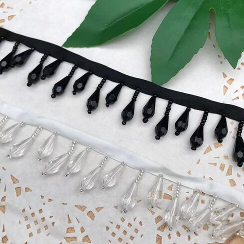 1 Yards Crystal gourd droplets Fringe Beaded Lace Trim Pearl Pendant Tassels Dress Tassel Fringe Lace Trim Decoration Shoes Ornaments Hanging Bead Curtain Sewing (Black water droplet beads) in Kuwait