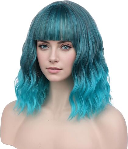 PATTNIUM Mixed Blue Wig Short Wavy Wig Women Blue Wig with Bangs Girls Curly Synthetic Wig Halloween Cosplay Costume Wig (Mixed Blue) in Kuwait
