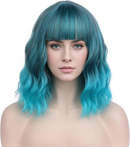 PATTNIUM Mixed Blue Wig Short Wavy Wig Women Blue Wig with Bangs Girls Curly Synthetic Wig Halloween Cosplay Costume Wig (Mixed Blue) in Kuwait