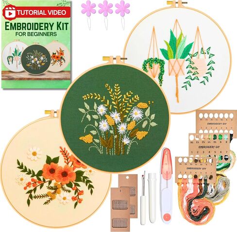 HOMEVIA 3 Sets Floral Embroidery Kit for Beginners with Embroidery Patterns, Video Guide - DIY Cross Stitch Kit 1x Hoop & Threads⏐Hand Embroidery Kits Flower Embroidery Kit for Adults and Kids in Saudi Arabia