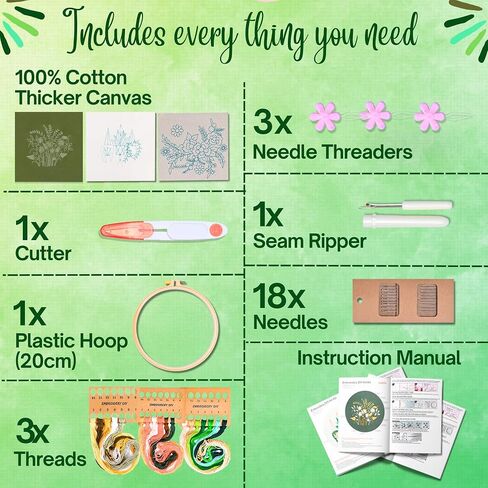 HOMEVIA 3 Sets Floral Embroidery Kit for Beginners with Embroidery Patterns, Video Guide - DIY Cross Stitch Kit 1x Hoop & Threads⏐Hand Embroidery Kits Flower Embroidery Kit for Adults and Kids in Saudi Arabia