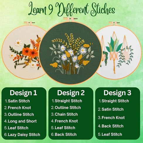 HOMEVIA 3 Sets Floral Embroidery Kit for Beginners with Embroidery Patterns, Video Guide - DIY Cross Stitch Kit 1x Hoop & Threads⏐Hand Embroidery Kits Flower Embroidery Kit for Adults and Kids in Saudi Arabia