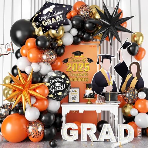 Graduation Balloons Arch Garland Kit, Graduation Party Decoration, Black Orange Balloon with Congrats Grad Hat Balloon 2025 Banner for College School Class of 2025 Congrats Grad Party Supplies in Saudi Arabia