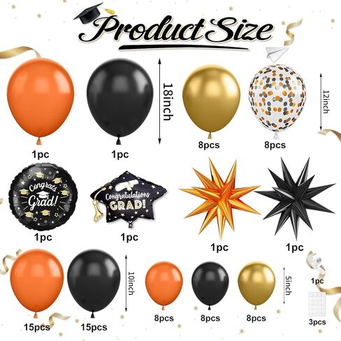 Graduation Balloons Arch Garland Kit, Graduation Party Decoration, Black Orange Balloon with Congrats Grad Hat Balloon 2025 Banner for College School Class of 2025 Congrats Grad Party Supplies in Saudi Arabia