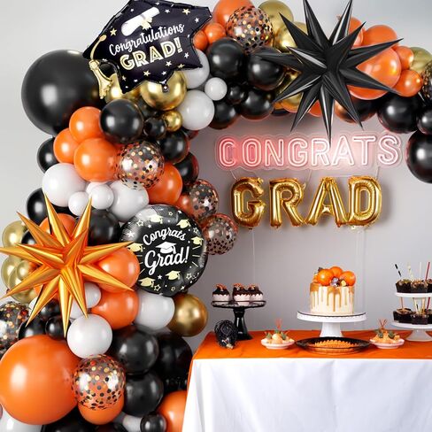 Graduation Balloons Arch Garland Kit, Graduation Party Decoration, Black Orange Balloon with Congrats Grad Hat Balloon 2025 Banner for College School Class of 2025 Congrats Grad Party Supplies in Saudi Arabia