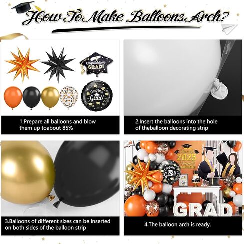 Graduation Balloons Arch Garland Kit, Graduation Party Decoration, Black Orange Balloon with Congrats Grad Hat Balloon 2025 Banner for College School Class of 2025 Congrats Grad Party Supplies in Saudi Arabia