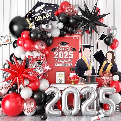Graduation Balloons Arch Garland Kit, Graduation Party Decoration, Black Orange Balloon with Congrats Grad Hat Balloon 2025 Banner for College School Class of 2025 Congrats Grad Party Supplies in Kuwait