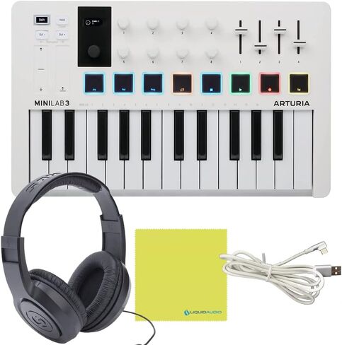 Arturia MiniLab 3 MIDI Keyboard Controller Bundle with Deluxe Sustain Pedal, USB Cable & Liquid Audio Polishing Cloth - 25 Key MIDI Keyboard for Recording Studio Equipment, Software Included (WHITE) in Kuwait