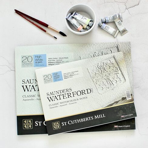 St. Cuthberts Mill Saunders Waterford Watercolor Paper Block - 12x9-inch White 100% Cotton Watercolor Paper - 20 Sheets of 140lb Cold Press Watercolor Paper for Gouache Ink Acrylic Charcoal and More in Kuwait