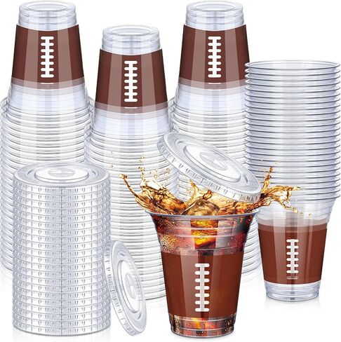 Domensi 50 Sets 16 oz Basketball Plastic Cups with Dome Lids Basketball Clear Iced Coffee Cups Drinking Disposable Bulk with Flat Straw Slot Lids for Sport Party Supplies Favor in Saudi Arabia