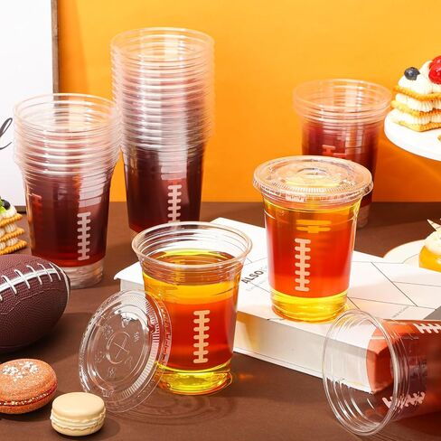 Domensi 50 Sets 16 oz Basketball Plastic Cups with Dome Lids Basketball Clear Iced Coffee Cups Drinking Disposable Bulk with Flat Straw Slot Lids for Sport Party Supplies Favor in Saudi Arabia