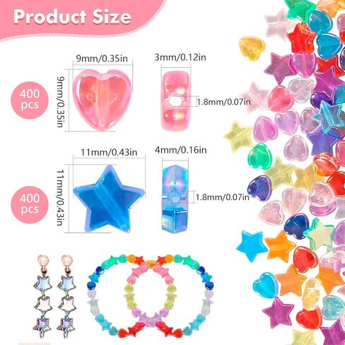 800 Pcs Star Beads and Heart Beads for Bracelets, Acrylic Cute Bead for Jewelry Craft Making, AB Finish Colorful Charms Beads for DIY Friendship Bracelet in Kuwait