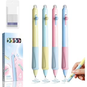 Retractable Gel Pens with Erasers, 4-Pack 0.5mm Fine Point Blue Ink Pens – Smooth Writing Rollerball Gel Pens for School, Office & Home, Includes 10 Refills (Erasable & Refillable)