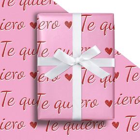 Lezakaa Valentine's Wrapp Paper Roll ، Pink Te Quiero Text (الإسبانية من أجل I Love You) و Hearts Design ، لفة صغيرة ، لعيد عيد الحب ، حفل زفاف ، حفلة ، ذكرى الذكرى - 17 بوصة × 16.4 قدمًا