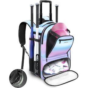 Rolling Baseball Backpack with Off-road Wheels, Wheeled Catchers Gear Bag for Baseball Equipment, 4 Bats, Large Softball Bag for TBall, Helmet & Accessories with Fence Hook, Blue-pink