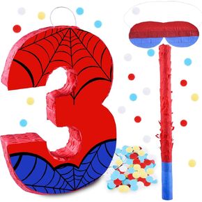 16 بوصة رقم 3 عنكبوت بيناتا مع 16 بوصة piñata عصا عصا العصا عيبون لصبي فتاة الأطفال 3rd عيد ميلاد ديكورات (3)