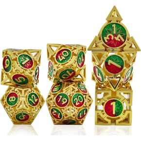 مجموعة الزهر المعدنية DND - D&D Dungeons & Dragons Polyhedron Metal Hollow Dice 7 Piece Set Game Game Cosplay Dice Gift MTG Pathfinder - Red & Green