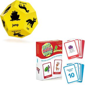 Fun Kids Exercise Equipment - Yellow Foam Animal Dice and Animal Actions Cards, Kids Exercise Games for Kids Fitness, Outdoor Toys for Kids, Indoor Active Games