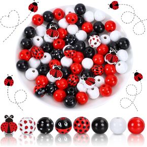 Whaline 130Pcs Wooden Beads, Round Ladybug Shape, Wood Material, Red Black White, 8 Styles, Craft Beads for DIY Home Party Decor, Jewelry Making