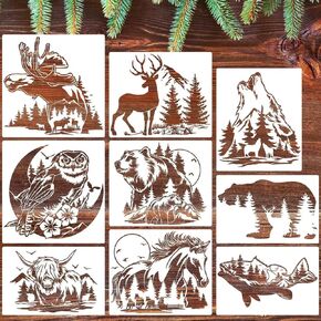9 PCS stencils stencils البرية للحيوانات للطلاء القابلة لإعادة الاستخدام Deer Wolf Bear Stencils Templates Glargle Jungle Animal Painting Stencils للطلاء على الحائط الخشبي (استنسل الحيوان)