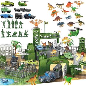 PlaySet معركة الديناصورات العسكرية ، 56 قطعة من نوع لعبة جندي من مجموعة ، مركبات عسكرية (طائرة هليكوبتر ، JE-EP ، الشاحنات) ، المدفع ، الخيام ، حصيرة معركة ، ألعاب STEM التعليمية للأولاد الذين تتراوح أعمارهم بين 3-12