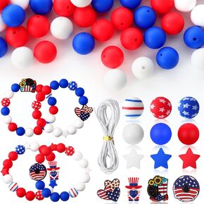 112PCS Patriotic Silicone Focal Beads,Patriotic Beads for Pens,Red Blue White Round Beads Star Shape Bulk,4th of July/Memorial Day Beads Bracelet Making Kit,15mm Silicone Beads for DIY Crafts Keychain
