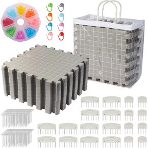 MEVOME Blocking Mats for Knitting with 20pcs Knitting Blockers 200 T-pins 104 Locking Stitch Markers, Extra Thick Block Boards with Grids Storage Bag for Needlepoint Crochet - Pack of 9 (White)
