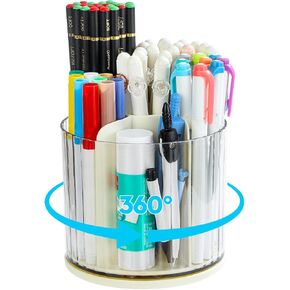 360° Rotating Desk Organizer - 6 Slots Pencil Pen Holder, Pen Organizer Art Supply Storage Box Caddy for Office, Home, School (White)