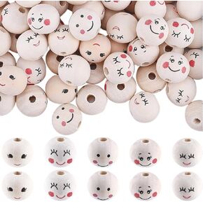 GORGECRAFT 100Pcs 4 Styles Large Smiling Face Wooden Beads 20mm Smile Face Wood Round Ball Spacer Bead Cute Printed Doll Head Loose Beads with Hole for Christmas Farmhouse DIY Craft Art Jewelry Making