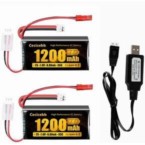 بطاريات Lipo SCX24 7.4V 1200mAh Lipo 2S 35C مع بطارية PH2.0 و JST Plug RC لـ Wltoys A949 A959 A969 A979 K929 و 1/10 1/16 1/18 1/24 RC CARS مع كابل شاحن USB