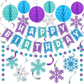 Funrous Frozen Snowflake Birthday Decorations Happy Birthday Banner Snowflake Hanging Swirls Purple Blue Honeycomb Balls Circle Dots Garland for Winter Wonderland Frozen Birthday Party Supplies