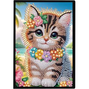 JISHSHAY Diamond Painting Notebook Journal Diamond Art Note Book Gem Art Sketch Book Gem Painting Diary Mosaic Kits for Adults Blank Notebook with Special Drills 14.5×21cm/5.7×8.26in Cat Flower