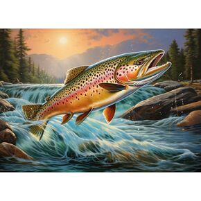 5D Diamond Art Painting Fish Fish Jump of River Sunset Full Drill Diamond Art Painting by Number Kits for البالغين مربعة حبات الفسيفساء كروس لزينة الجدار 16 × 12 بوصة (2)