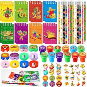 Seajan 96 PCS Fiesta Party Favors Mexican Party Favors Gift Cinco de Mayo Supplies Spiral Notepad Mexican Pencil Ring Bage Stamper Bag for Boys Girls Carnival Piñata Filler