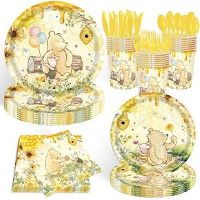 140 ٪ Classic Bear Bear Depy Decorations أدوات طاولة للاستحمام الطفل مع لوحات ، منديل ، شوكات ، أكواب لمجموعة لوازم حفلات أعياد الميلاد ، تقدم 20 ضيفًا