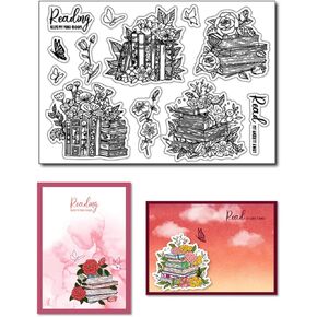 Arbuya Book Clear Stamps for Card Making Books and Flowers Rubber Stamps for Diary Journal Scrapbooking Paper Crafts Decoration