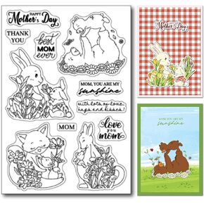 مجموعة طوابع Arbuya Day Clear Clear - Mom & Baby Animal Stamps with Bear و Bunny و Fox & Kangaroo Mom Day Sentiment Quotes for Card