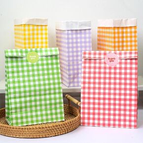 SIMSHOTUS 40 Pack Party Favor Bags Colorful Square Gird Patterns Bags 5.9 x 3.2x 9 Inches,Rainbow Treat Gift Bags,Snack Candy Bags with Stickers Kraft Paper Bags