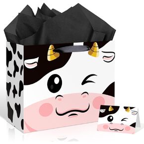 حقيبة هدايا الابتكار Cow Cow For Kids Boys Girls Baby Shower Cow Print Birthday Gift With Witing Paper Card Barge Farm Farm Hilmts Bag for Baby Shower Decortations Party Forms Favors