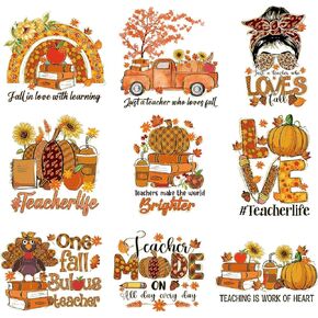 9 Pcs,Fall Vibes Hot Stamping Decals for T-Shirts, Pumpkin Iron-On Heat Transfer Patches, Autumn Designs, Washable, Heat Pressed, Decorative for Clothing, Face Masks, Hats (FA-05)